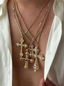 4pcs Fashionable & Unique Cross Pendant Necklace, Layered Pearl Long Chain Choker Necklace, Suitable For Father's Day & Mother's Day - 4-piece Set Style 2 - View 8