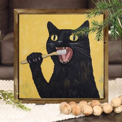 1 件，[迷人的黑猫墙壁艺术] 无框乡村农舍黑猫刷牙墙壁艺术 - 独特的节日礼物，适合家庭、咖啡厅、浴室装饰、海报、墙壁艺术、房间装饰用品、装饰墙壁艺术、装饰画。