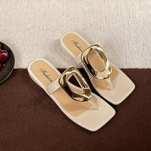 Women's Flat Sandals, 2025 New Summer Outdoor Square Toe Slippers, Fashion Casual Flip Flops With Metal Buckle Flat Ladies Sandals