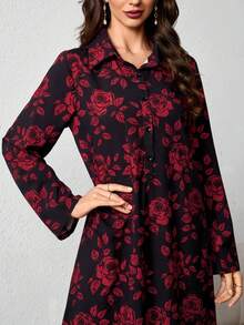 春季女士印花波西米亚风长袖超长连衣裙。2025新年时尚宽松秋季红玫瑰印花连衣裙，收腰设计，适合休闲度假穿着、优雅派对礼服、毕业季海滩装扮、情人节时尚晚礼服。开斋节 - 紅色 - 查看 7