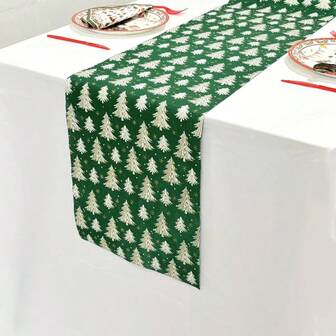 1/2 件绿色背景白色圣诞树天鹅绒桌旗，11.02 * 108.27 英寸，适合节日派对、婚礼、家庭聚会、圣诞装饰、节日餐桌中心装饰，室内和室外