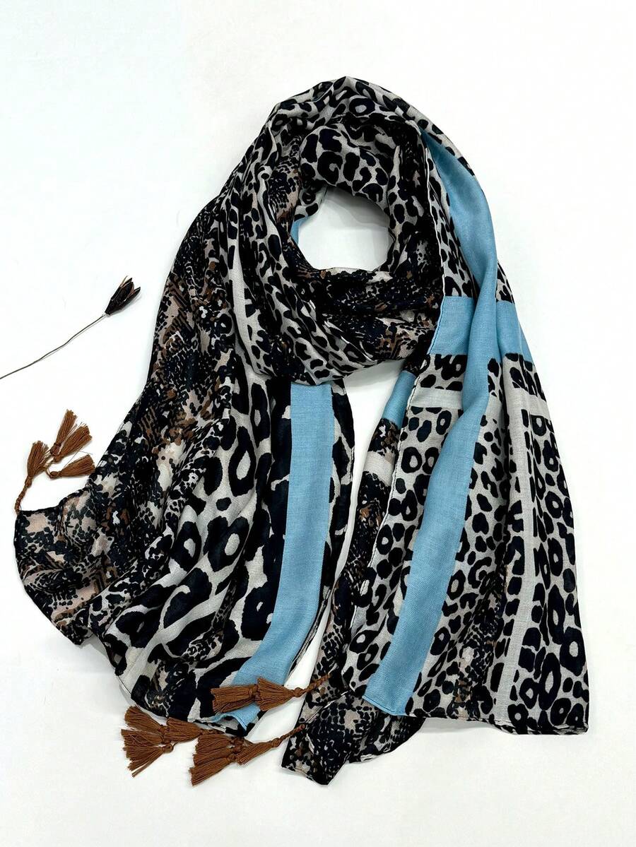 1pc Leopard Print Scarf, Fashionable Women's Silk Scarf With Tassels, Versatile Shawl For Sun Protection - Blue - View 1