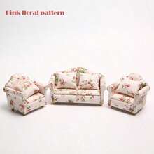 1 Set 1:12 Dollhouse Miniature Furniture Model Living Room Micro Scene, White & Red Plaid, Red Striped Floral Fabric Sofa Set Of 3 Pcs With 4 Cushions, Doll House Sofa, Loveseat, Miniature Furniture, Cute Small Sofa, Suitable As Christmas Gift, Holiday Gift - Multicolor - View 6