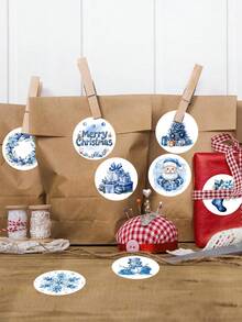 500pcs Blue Christmas Round Stickers Winter Wonderland Aesthetics Stickers Featuring Santa Snowman Snowflake Labels Stickers For Scrapbooking, Diary, DIY Crafts, Water Bottles, Laptop Paper Material Merry Christmas Party Decorations Supplies 2025 Seasonal Gifts & Stars