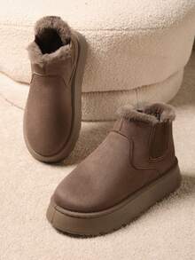 Women's Faux Fur Camel 5cm Thick Sole Ankle Boots, Tight-Fitting Knit Cuff Wool Lining Fur One-Piece Snow Boots, New Autumn/Winter Rear Pull Strap Fluffy Thickened Plush Fur Lining Anti-Cold Slippers, Fashionable Simple Warm Winter Shoes Men Indoor Slippers - Khaki - View 3