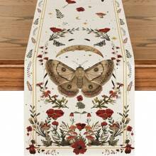 Black & Beige Poppy Moth Mushroom Moon Autumn Table Runner, Seasonal Fall Kitchen Dining Table Decor For Home Party