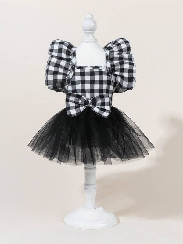 1 Set Pet Tulle Dress With Bowknot, Cute Fashion Printed Dress + Bowknot Pet Costume, Elastic Mesh Princess Pet Dress For Dogs & Cats