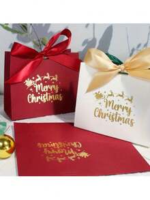 10pcs Christmas Gift Boxes With Ribbon, "Merry Christmas" Design, Personal Or Commercial Use, Elegant Wedding Gift Boxes, Refined Aluminum Foil Accent Design, Suitable For Birthday, Holiday Decoration, Party Gifts, Christmas, Halloween, Wedding, Valentine's Day - Multicolor - View 3