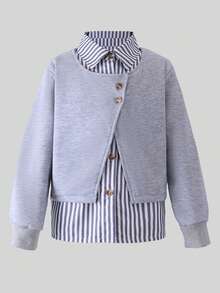 秋季女童休闲条纹衬衫、灰色夹克三件套 - 灰色 - 查看 7