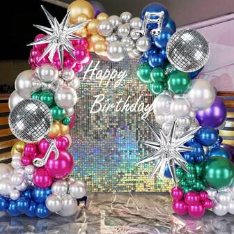 131pcs Metallic Disco Ball Balloon Garland Set, Colorful 80s 90s Retro Dance Party Chrome Decor In Silver, Green, Blue, Gold, Purple, Red, Suitable For Baby Shower, Bachelorette, Karaoke, Boogie Theme Decoration