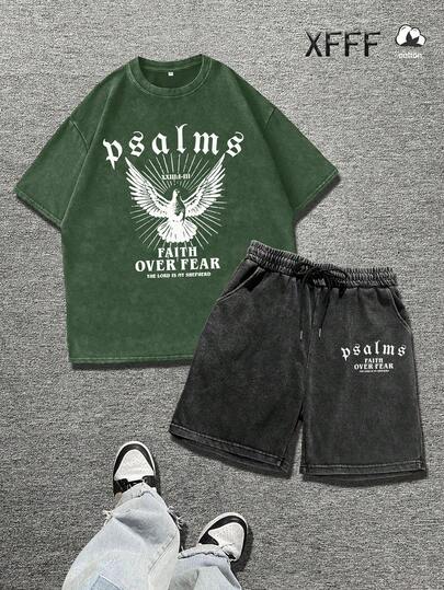 XFFF-纯棉，男士夏季街头风复古摇滚乐字母印花套装，休闲通勤做旧水洗圆领短袖T恤+短裤休闲两件套