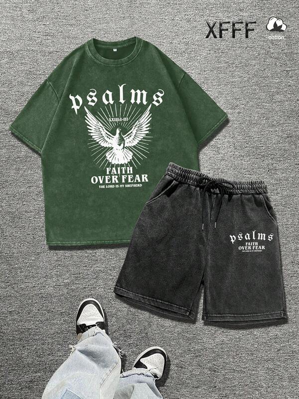 XFFF-纯棉，男士夏季街头风复古摇滚乐字母印花套装，休闲通勤做旧水洗圆领短袖T恤+短裤休闲两件套