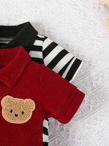 Bộ 2 món/Bộ đồ liền thân tay ngắn họa tiết gấu thêu cổ polo mùa hè cho bé trai & bộ đồ liền thân tay ngắn màu trơn - Màu Đỏ Sâu - Xem 4