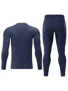 2pcs Men's Crew Neck Long Sleeve T-Shirt + Pants, Warm Casual Underlayer Fleece Sweatshirt Top And Bottoms For Autumn/Winter - Navy Blue - View 2