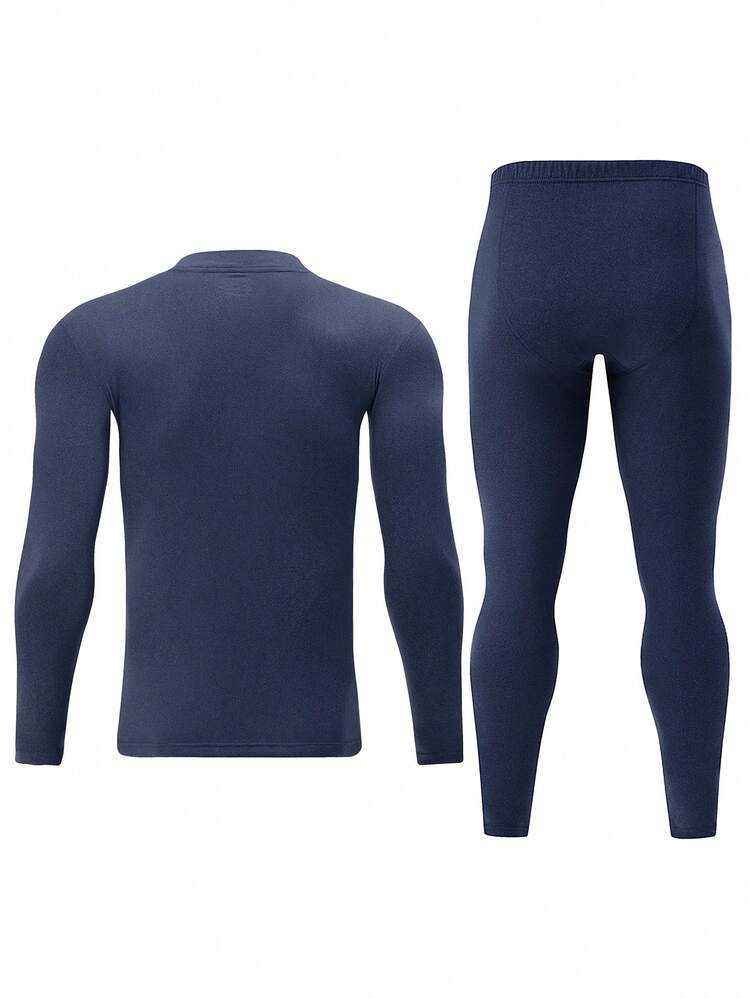2 件男士圆领长袖 T 恤 + 裤子，温暖休闲内层羊毛运动衫上衣和下装，适合秋冬季 - 藏蓝色 - 查看 2