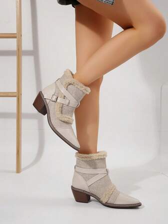 1 Pair Plus Size Women's Contrast Color Preppy Style Casual Short Boots, Buckle Decor, Faux Fur Lining, Chunky Heel, Outdoor Wear, Autumn/Winter