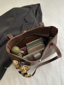 PU Shoulder Tote Bag With Scarf Pattern, Large Capacity, Lightweight And Versatile, Suitable For Commuting - Chocolate Brown - View 9