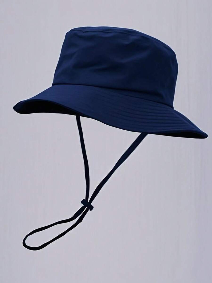 1pc Unisex Solid Color Bucket Hat With Drawstring, Outdoor Travel Hiking Casual Lightweight Fashionable Sports Sun Hat, Suitable For All Ages, Summer Sun Protection - Navy Blue - View 1