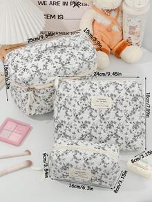 1Pc/Set White Base With Black Floral Pattern Quilted Makeup Bag Bohemia Retro Print Pattern Cosmetic Bag Fashionable Portable Makeup Organizer, Multi-Functional Storage Bag For Lipstick, Sanitary Napkin, Coins, Makeup Brushes,Etc Soft Fabric Floral Print Zipper Pouch Travel Essentials For Beach Vacation Holiday School Supplies Dorm Essentials Back To Schoolbag For School Travel Bag For Women - Multicolor - View 10