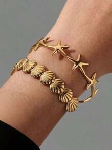 1 件不锈钢海星手链，时尚银色/金色袖口手链，女士珠宝