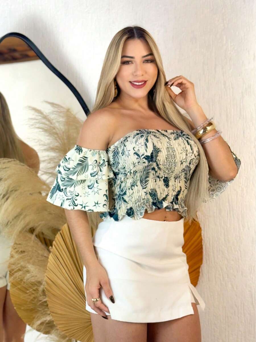 Cropped Top Lastex Ruffle Sleeve Women - Green Print - View 1