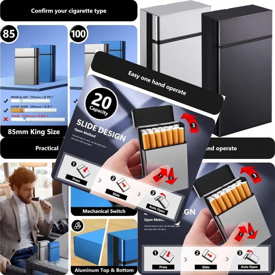DSL Cigarette Case 20 Capacity Aluminum Automatic Slider 2 Pack Black+Silver 100mm 100S DSL