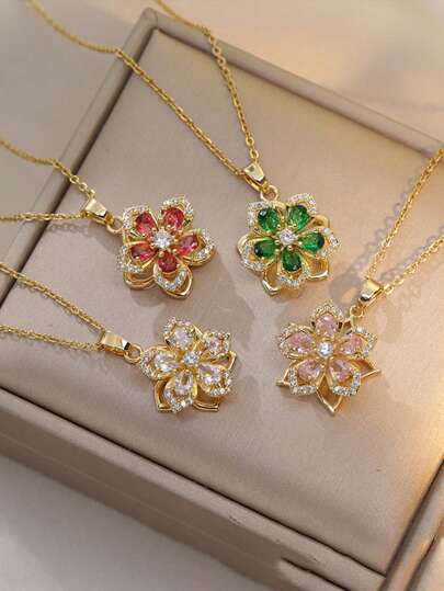 2 pezzi Collana con pendente a forma di cuore abbinata per coppie/migliori amici, regalo di San Valentino; 1 pezzo Elegante nuova collana rotante in rame e zirconia cubica a forma di fiore di pruno di moda