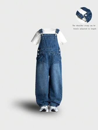 可爱宽腿可调节肩带心形口袋装饰宽松深色洗水牛仔背带裤，适合所有季节