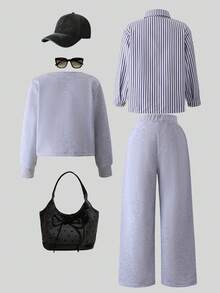 秋季女童休闲条纹衬衫、灰色夹克三件套 - 灰色 - 查看 5