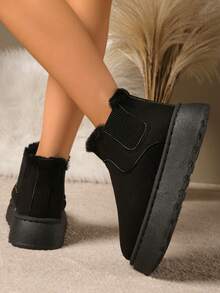 女式仿毛黑色户外5厘米厚底踝靴，紧身针织袖口毛皮衬里雪地靴，新款秋冬款带后拉带，蓬松加厚保暖内衬拖鞋时尚简约保暖鞋男士室内拖鞋 - 黑色 - 查看 5