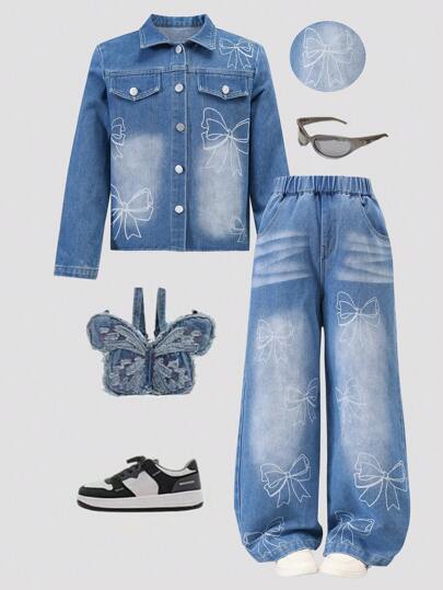 2pcs Girls Casual Fashion Blue Pocket Butterfly Print Denim Long Sleeve Jacket And Blue Denim Pocket Pants Set
