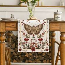 Black & Beige Poppy Moth Mushroom Moon Autumn Table Runner, Seasonal Fall Kitchen Dining Table Decor For Home Party