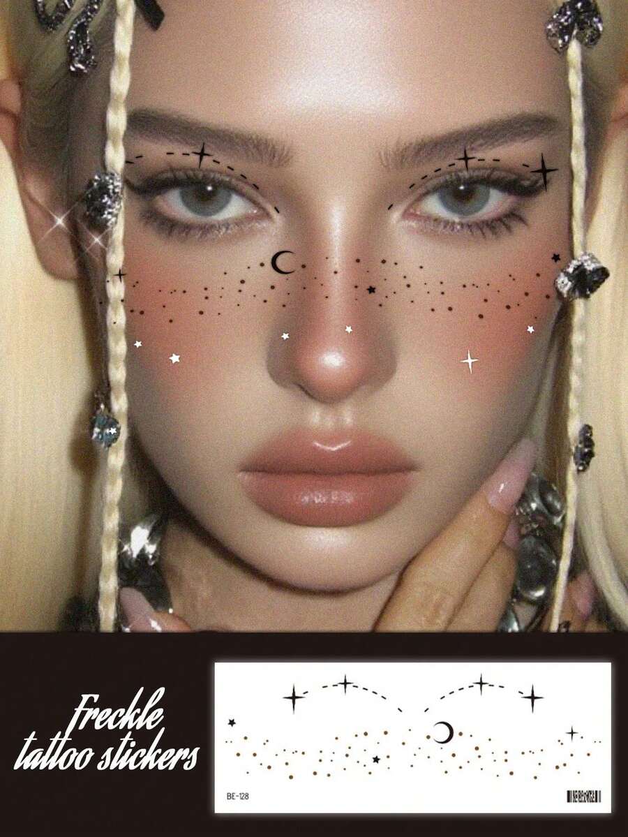 1pc Freckle Face Tattoo Sticker, Suitable For Women, Dot Freckle Star & Moon Pattern Temporary Tattoo Sticker For Face, Perfect For Christmas, Makeup, Gift, Holiday, Music Party - Black - View 1