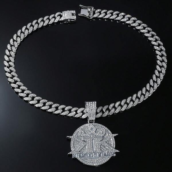 King Of Kings Fully Iced Out Pendant Necklace, Hip Hop Hiphop Cuban Chain Necklace Accessories For Men, American Long Necklace Double K Back To Back