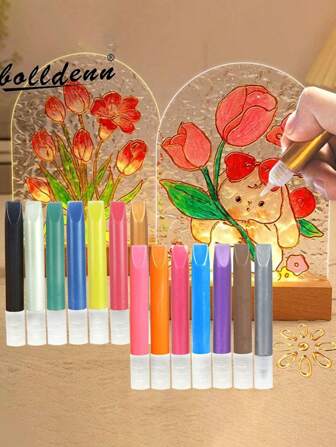 Juego de 9 piezas de pintura acrílica metálica perlada en 3D, incluye pinturas acrílicas semi-transparentes y resistentes al agua para pintura en vidrio y manualidades con marcos DIY. Las pinturas se pueden volver a aplicar en varias superficies de vidrio como vajilla, tazas y ventanas para decoración creativa y diseños de garabatos. Vuelta a la escuela, Útiles escolares