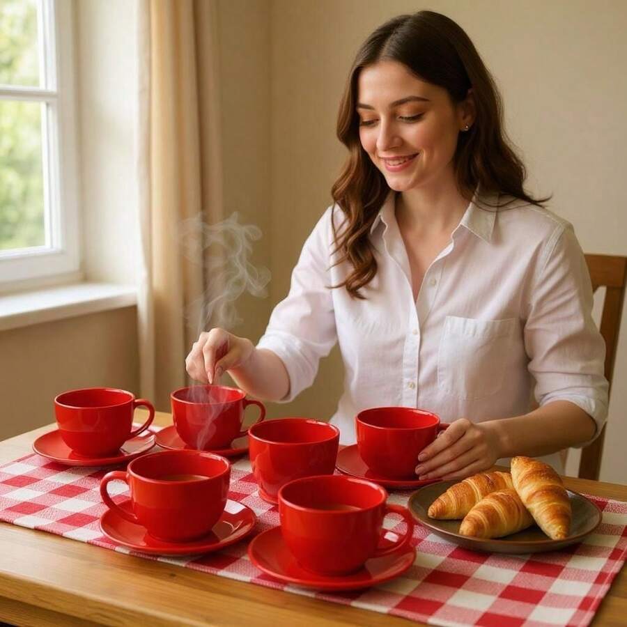 12-PIECE SET 6 200ML AFTERNOON COFFEE CUPS AND 6 RED SAUCERS - Đỏ - Xem 1