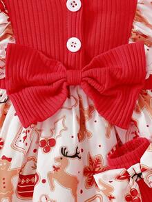 3Pcs/Set Newborn Baby Girls' Cute Red Ribbed Patchwork Gingerbread Man & Christmas Tree Santa Claus Print Bodysuit & Bow Headband, Suitable For Christmas - Red - View 4