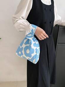 lulu kewen 1pc Floral Crochet Handbag, Mini Crochet Tote Bag With Floral Pattern, Breathable And Foldable Pocket Design Suitable For Phone, Umbrella, Cosmetics, Lipstick, Perfume, Books - Anti-Fouling, Open-Top Design, Fashionable Women Handbag - Suitable For Vacation, School, Commuting - Blue - View 3