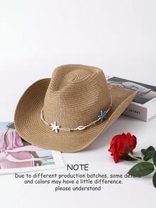 1pc Shell & Starfish Bohemian Straw Bow Panama Hat, Beach Holiday Sun Hat, All-Season Fashion Versatile Commuter Hat, Unisex - Straw Hat - View 15