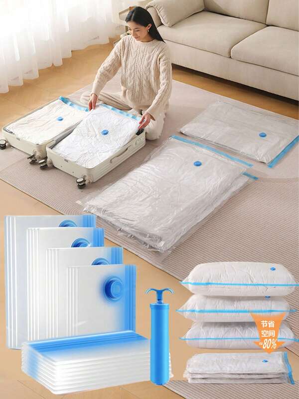 5/3/1 Reusable Vacuum Storage Bag, Travel Organizer Bag, Space-Saving Bag For Clothes, Coats, Shirts, Blankets, Pants, Home, Bedroom, Wardrobe, Bathroom, Travel Accessories, Back To School, Double Zipper Closure And Built-In Manual Pump Design (Note: The Manual Pump Needs To Be Purchased Separately)