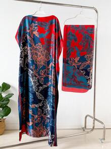 1pc Faux Silk Printed Robe, Shawl & Small Scarf Set, Women Coverup For Beach, Sun Protection, Daily Wear