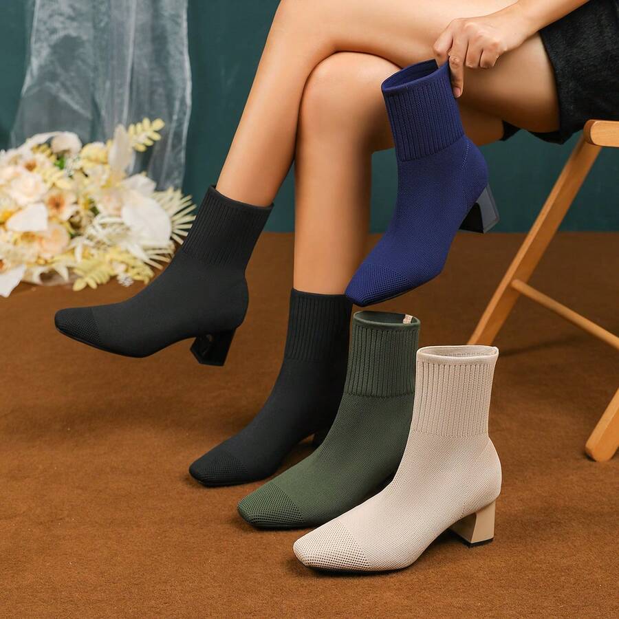 Women's Fabric Ankle Boots, Stylish Ankle Boots, Mid-Heel Square-Toe Boots, Suitable For Everyday Wear. - Grey - View 1