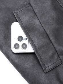 Plus Size Men's Casual Loose Turndown Collar Motorcycle PU Leather Long Sleeve Jacket, Suitable For Autumn, Zipper Front - Dark Grey - View 5