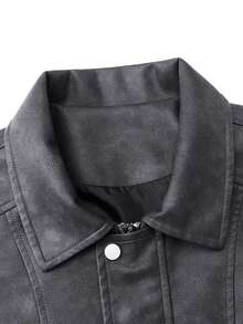 Plus Size Men's Casual Loose Turndown Collar Motorcycle PU Leather Long Sleeve Jacket, Suitable For Autumn, Zipper Front - Dark Grey - View 3