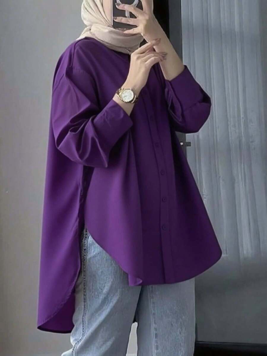 女士长袖格子衬衫，翻领纽扣前襟，梭织面料，简约优雅设计，春季款 - 紫羅蘭色 - 查看 1