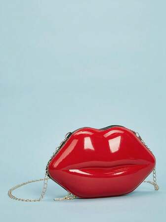 Modern kedjeformad axelväska i form av glansigt läppmönster för kvinnor, unik miniväska i lackläder