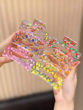 6 Square Fruit Printed Hair Claws For Girl, Simple And Elegant, Suitable For Daily Travel