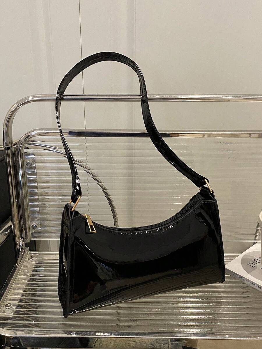 Fashionable Versatile Solid Color Lacquered Leather Minimalist Luxury Baguette Shoulder Bag - Black - View 1