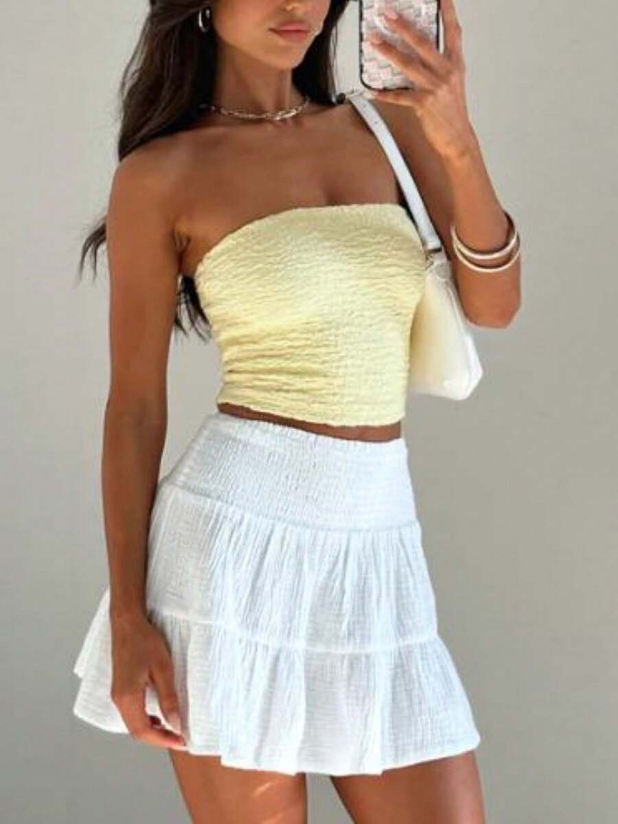 Women Summer Short Flowy Skirt Solid Color High Waist Pleated Mini Skirt Swing Beach Mini Skirt - trắng - Xem 1