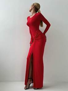 Women 2Pcs Elegant Red Fitted High Stretch Long Sleeve Bodysuit With Ruffle Elastic Waist Long Skirt, Fall Women Clothes, Halloween Clothes, Suit For Christmas